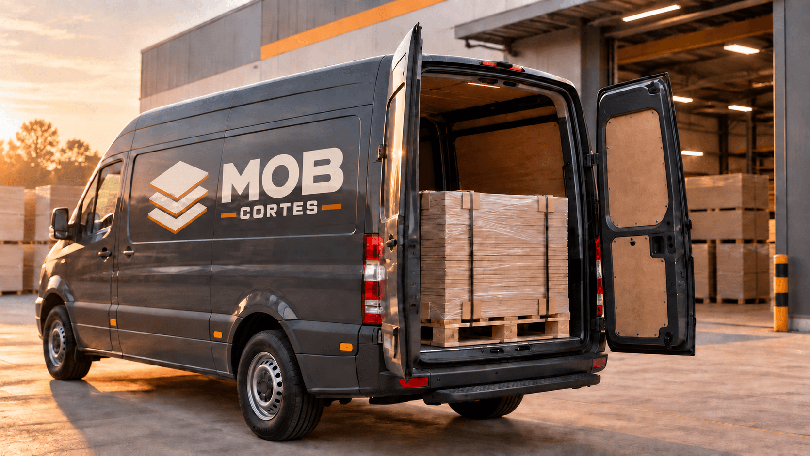 Van da MOB CORTES carregada com palete de peças para entrega