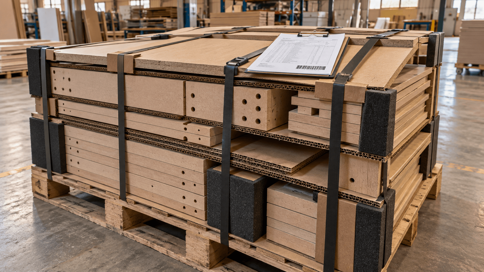 Palete de peças de MDF cintado e com romaneio, pronto para entrega
